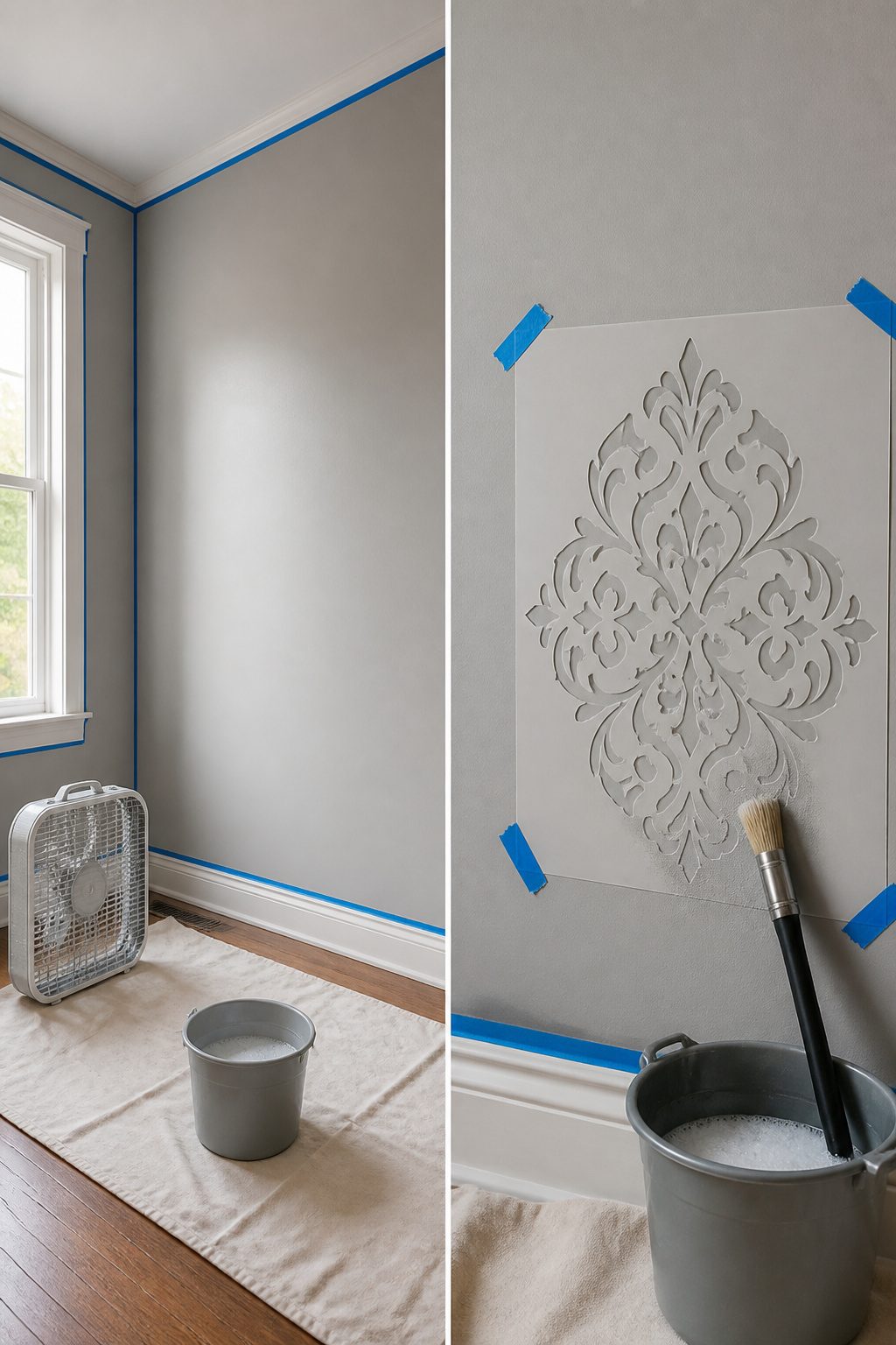 A wall cleaned and taped off, prepared for the base coat before stenciling.