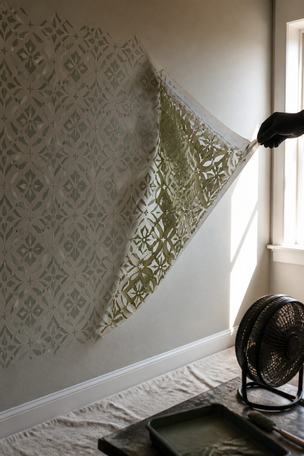 A hand pulling a stencil away from the wall, showing a new design underneath.