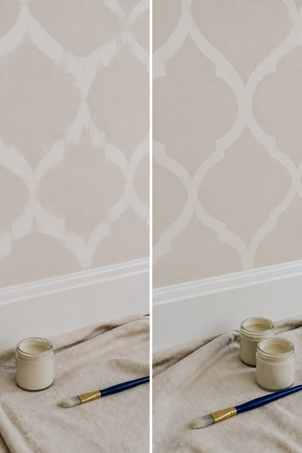 A small detail brush and paint jar used for touch-ups on a stenciled wall.