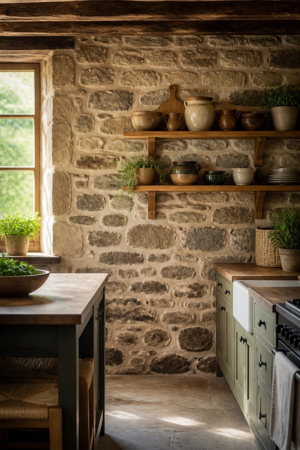 Rubble stone wall with earthy colors and thick mortar joints.