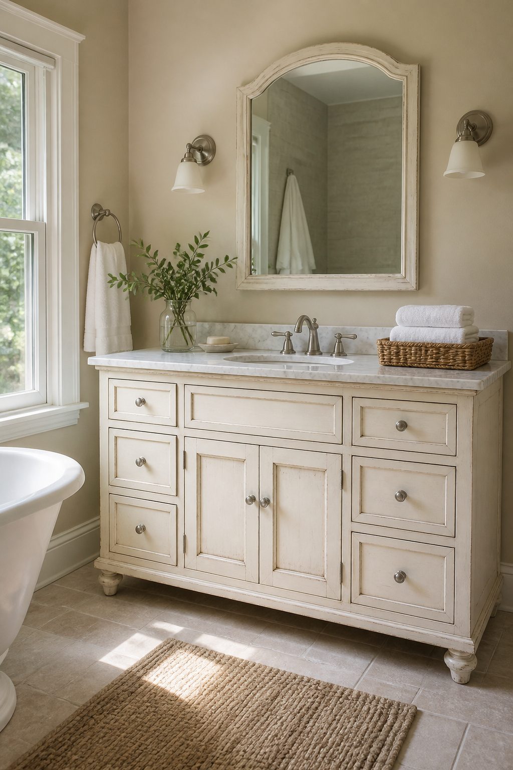 An antique white bathroom vanity showcasing subtle distressing and charm.