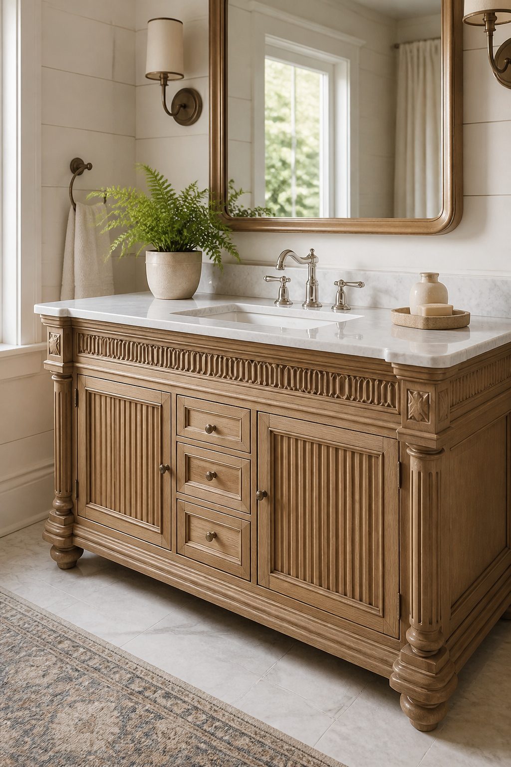A traditional vanity with carved details and a soft oak finish.