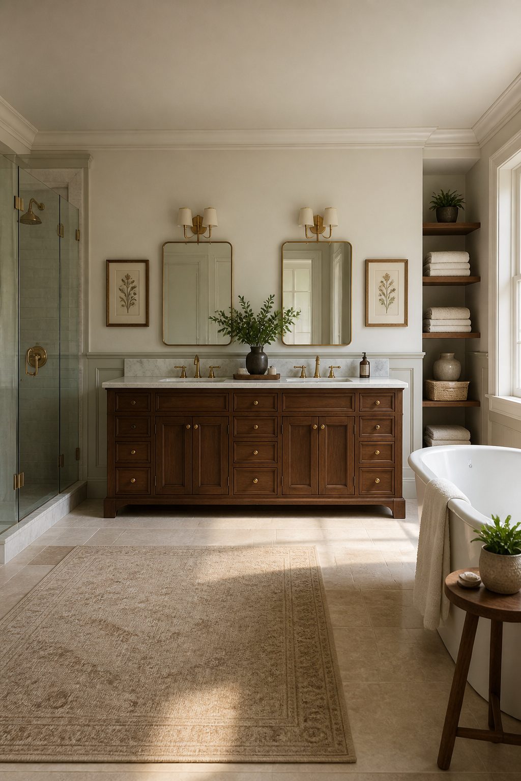 A double bathroom vanity with two sinks designed for shared use.
