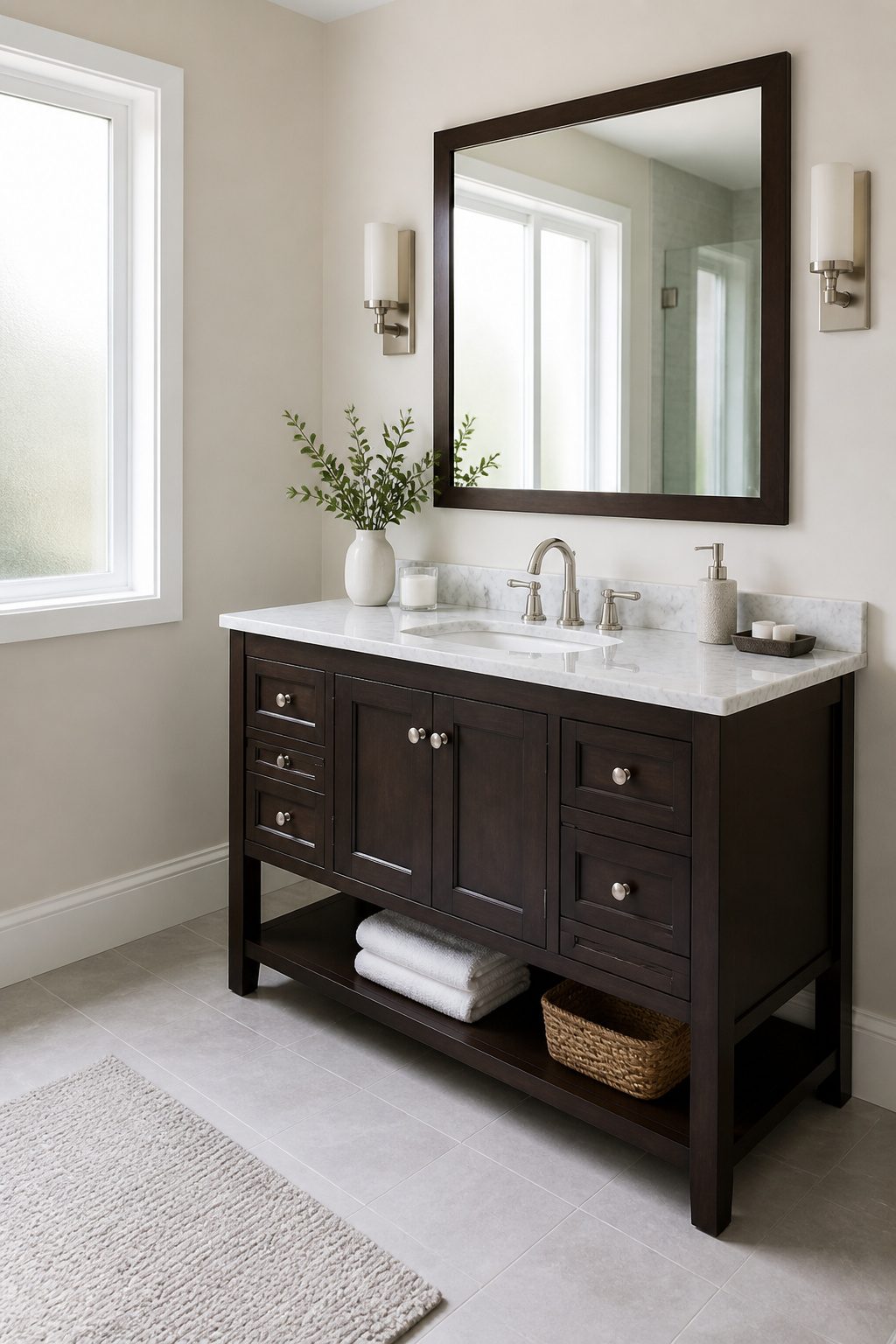 A single bathroom vanity featuring a Carrara marble countertop.