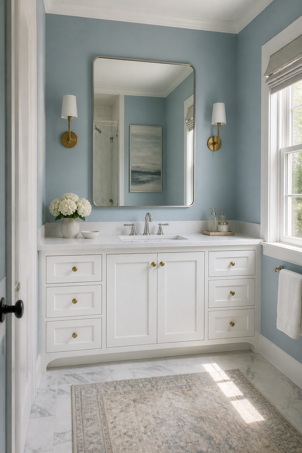 A single bathroom vanity with raised-panel doors in a narrow space.