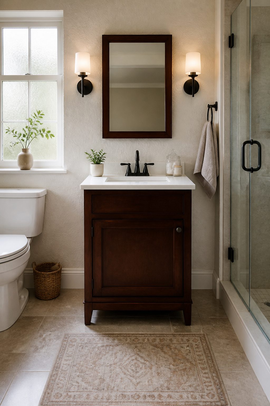 A compact 30-inch traditional bathroom vanity in a guest bath setting.