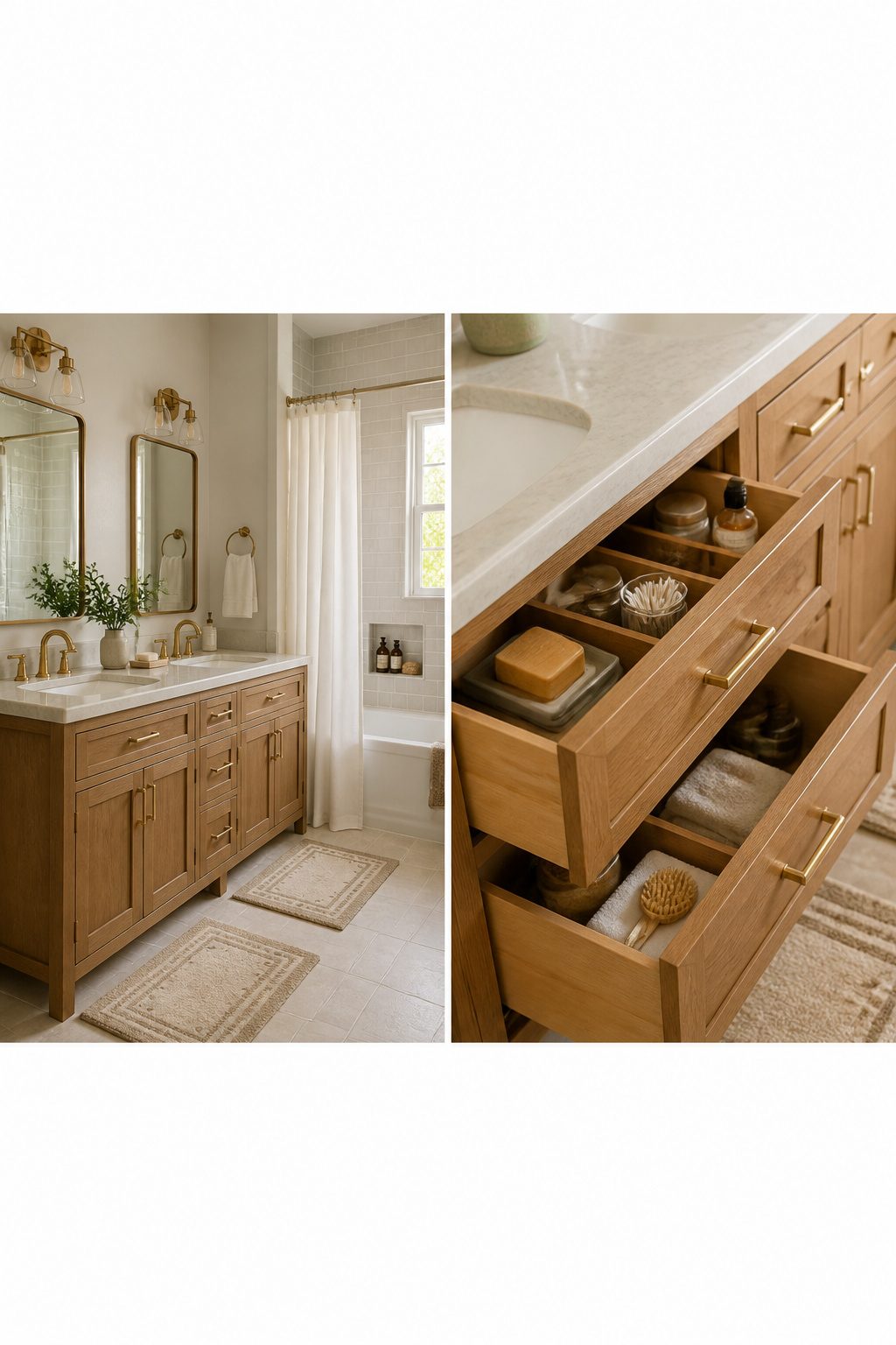 A traditional vanity with functional drawers for organized storage.