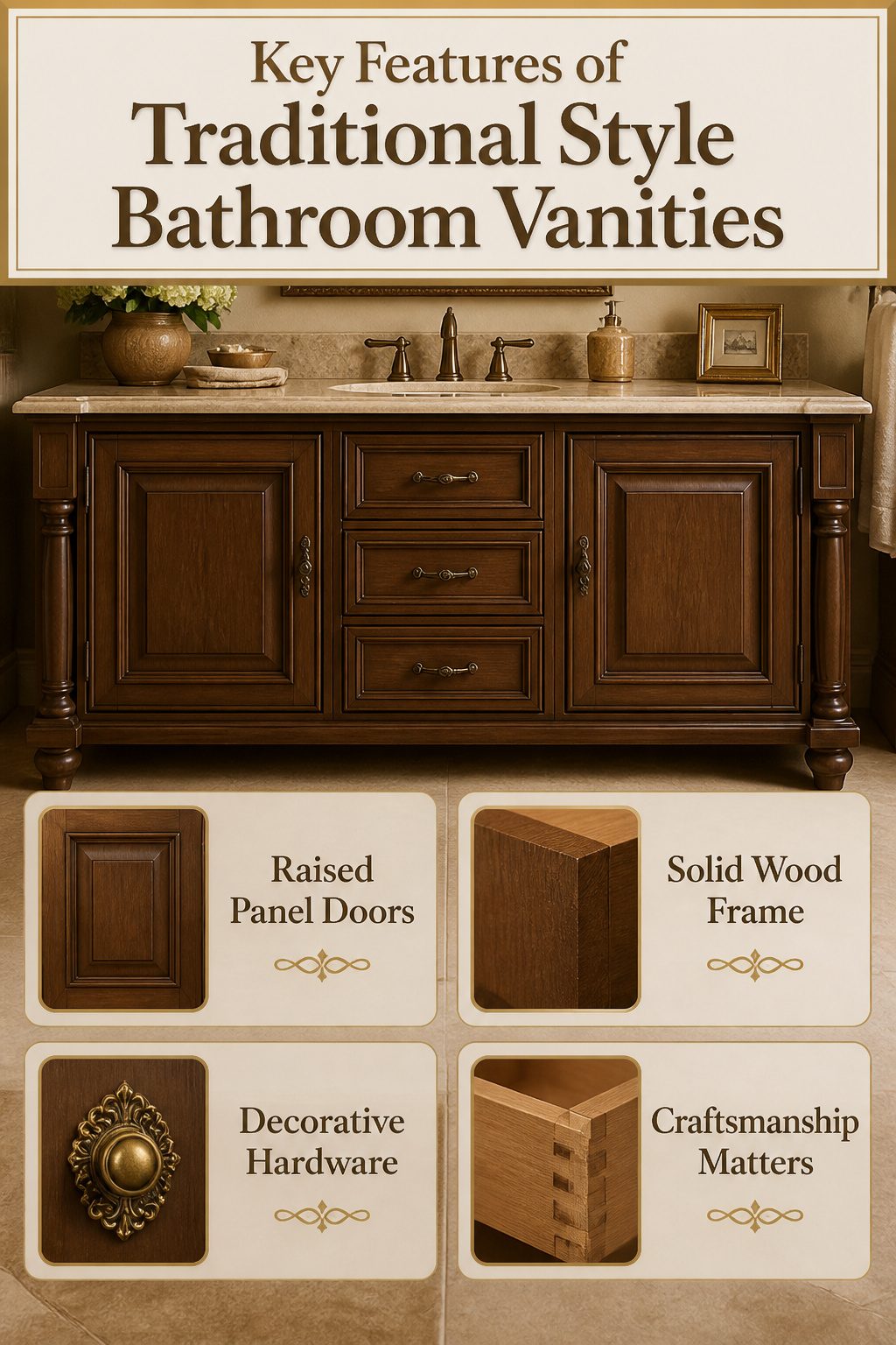 Information image detailing features of traditional style bathroom vanities.
