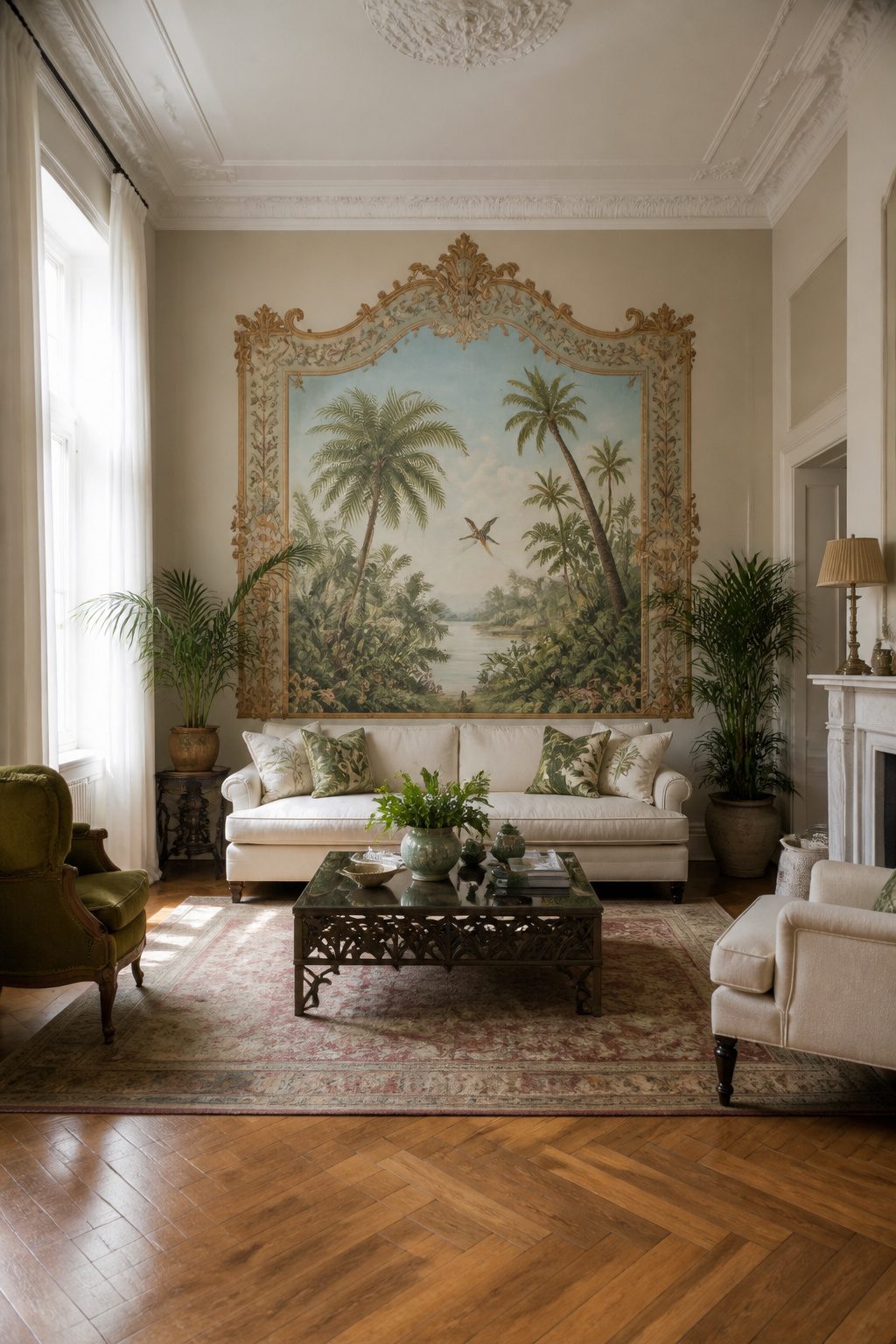 A mural with a painted frame around a tropical landscape.