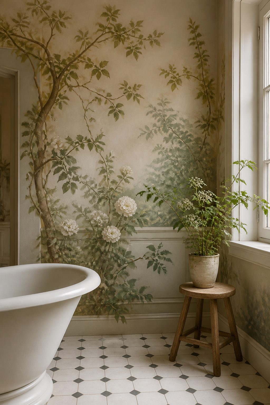 A hand-painted mural of a garden scene on bathroom walls.