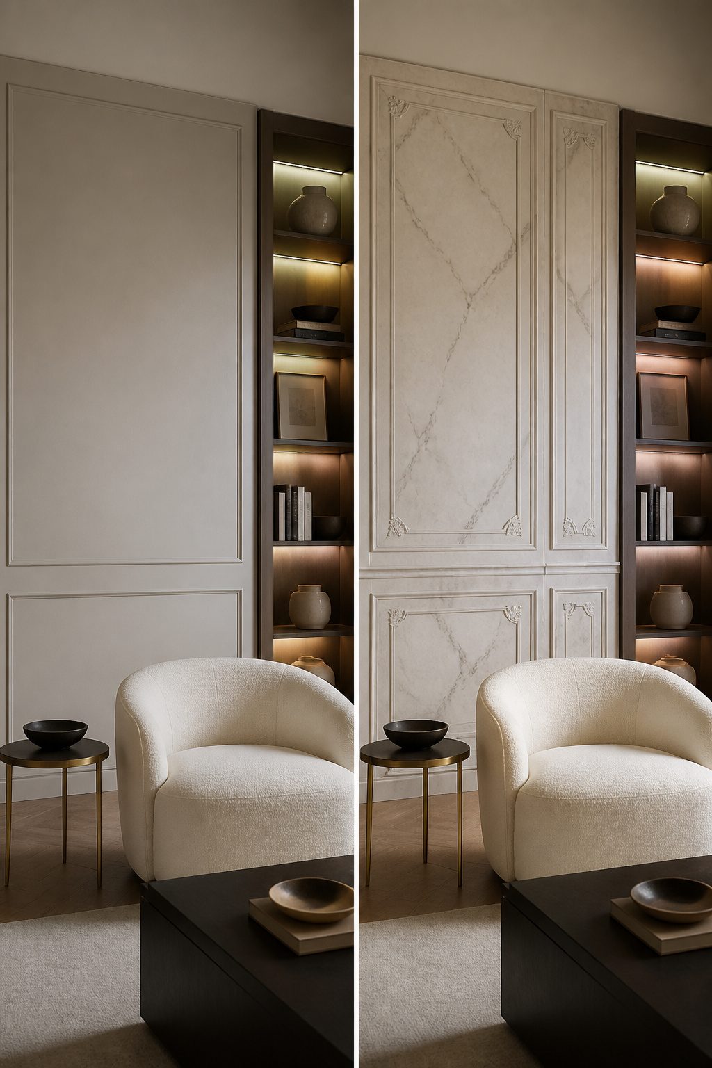 Peelable wallpaper that resembles marble and wood paneling.