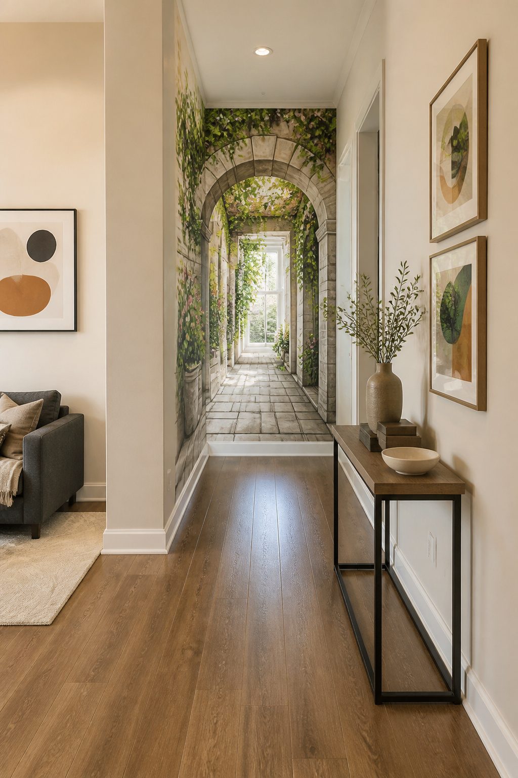 A contemporary interior featuring a trompe l'oeil mural.