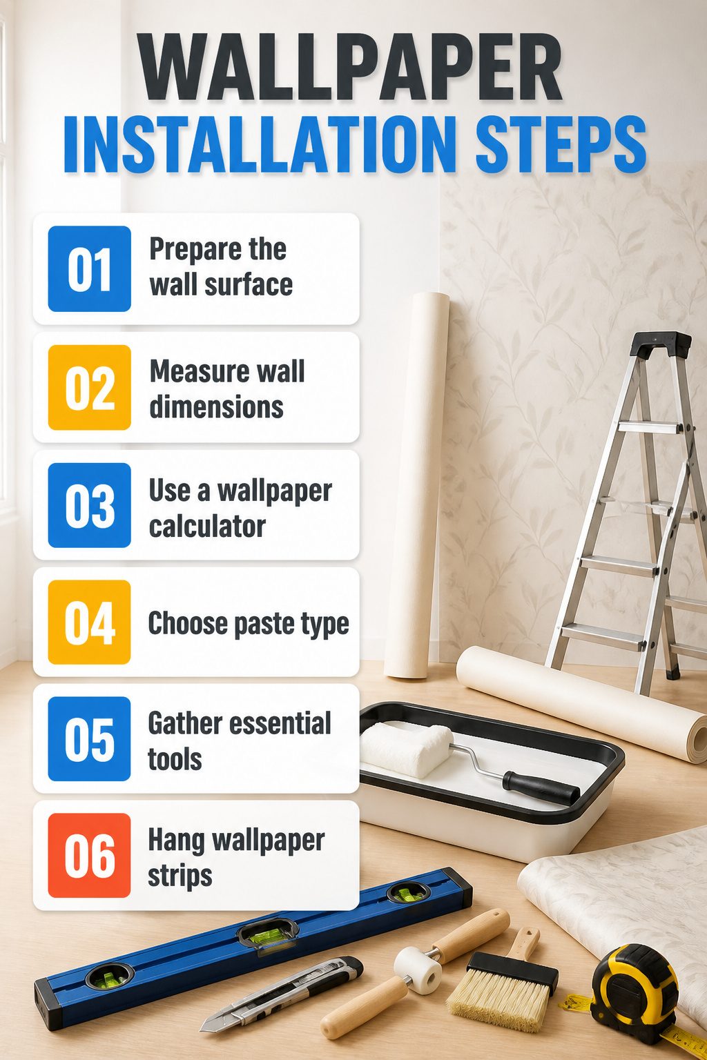 Steps for wallpaper installation showing tools and preparation techniques.