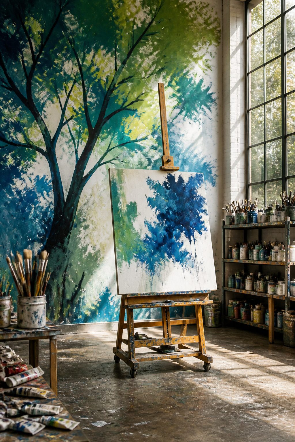 An abstract tree mural with brushstroke textures and color fields.