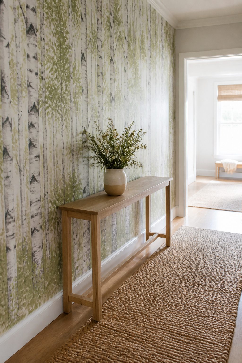 A birch tree mural with white bark and green tones in a hallway.