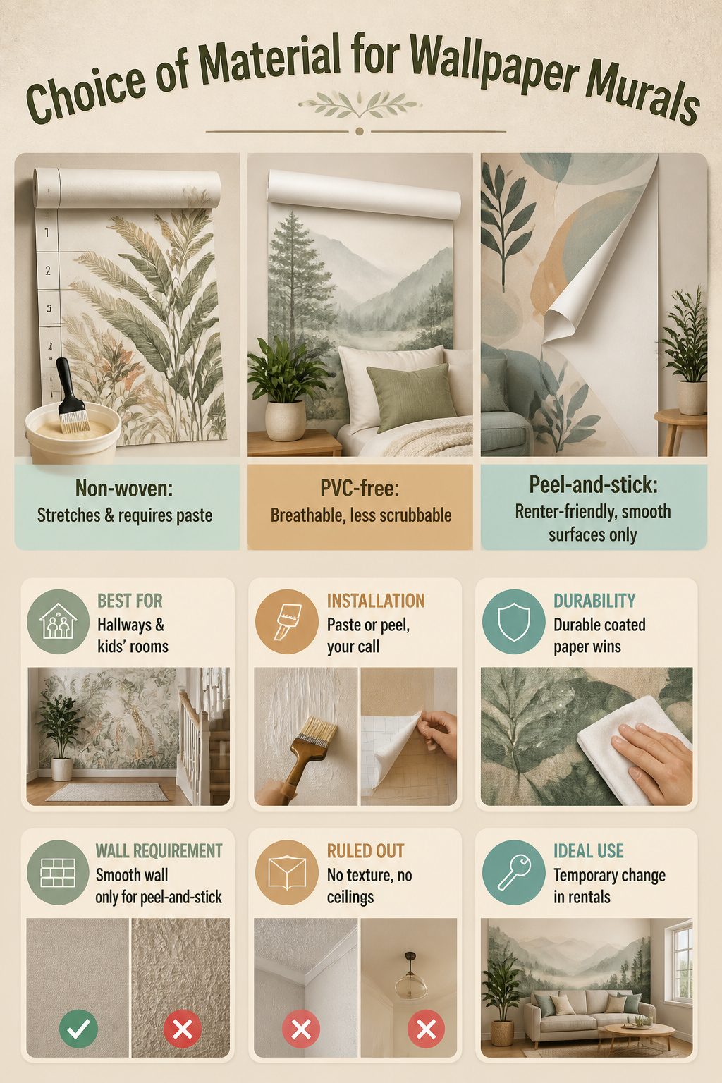 A chart showing various wallpaper mural material options.