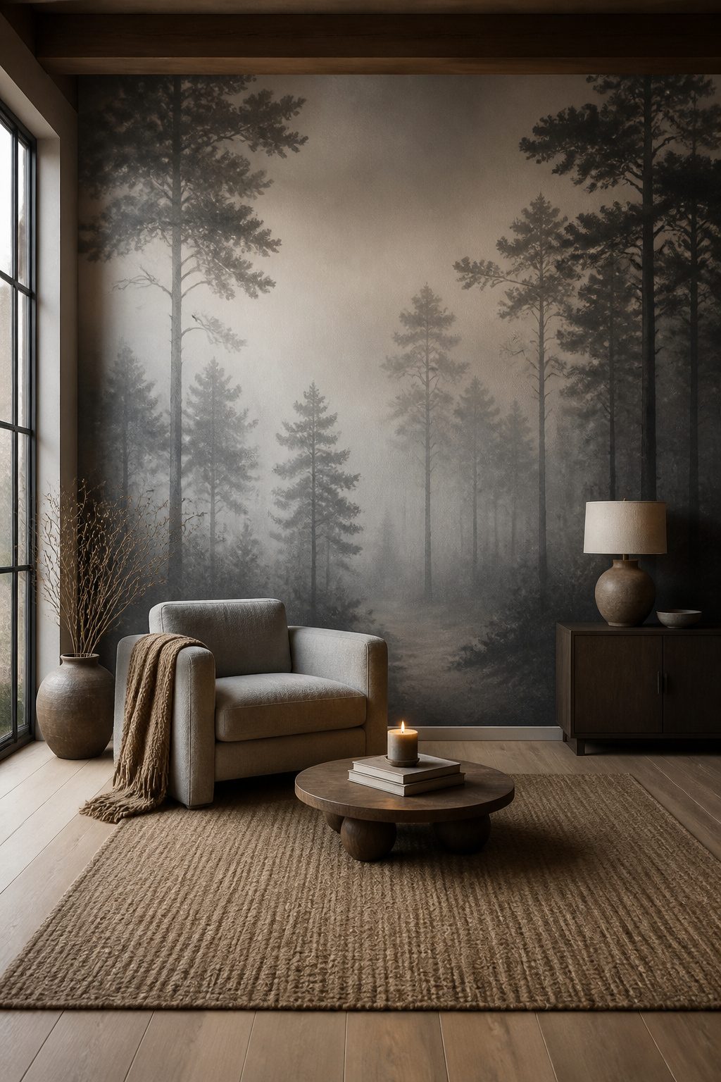 A misty forest mural with gray and off-white tones on a wall.