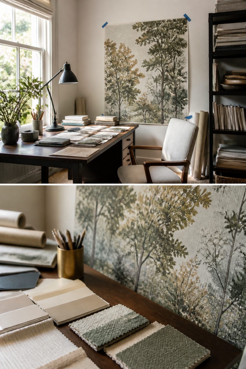 Samples of wallpaper mural trees for customer selection.