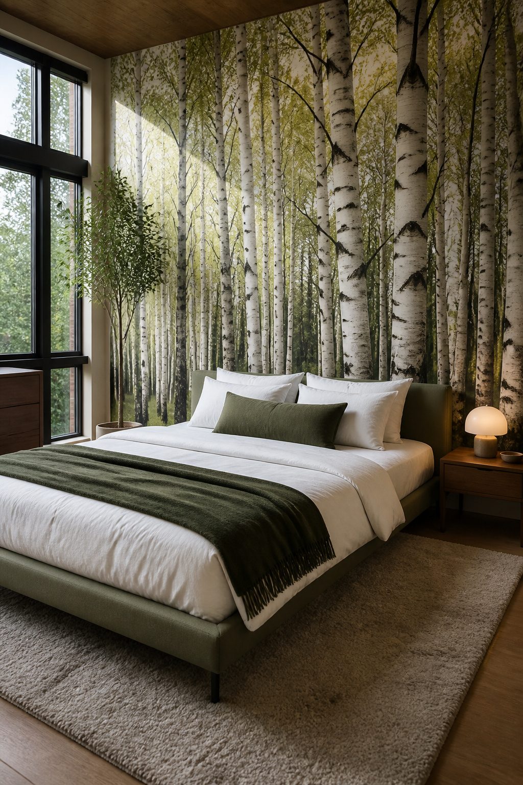 A photographic mural of a birch grove in a stylish bedroom.