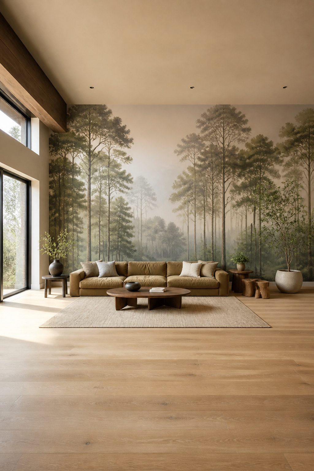 A spacious living room with a tree mural on the main wall.