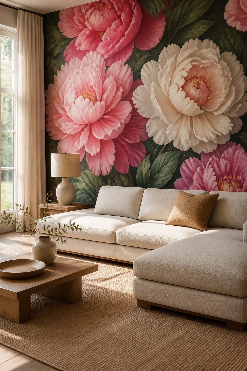 A large floral mural featuring peonies and tropical leaves on a wall.