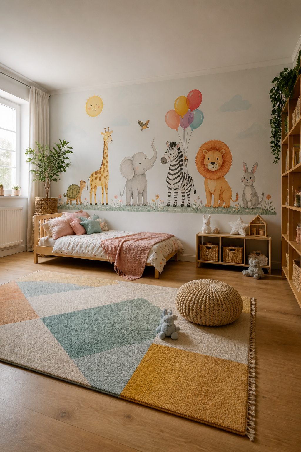 A colorful mural of fairytale animals decorating a child's bedroom wall.