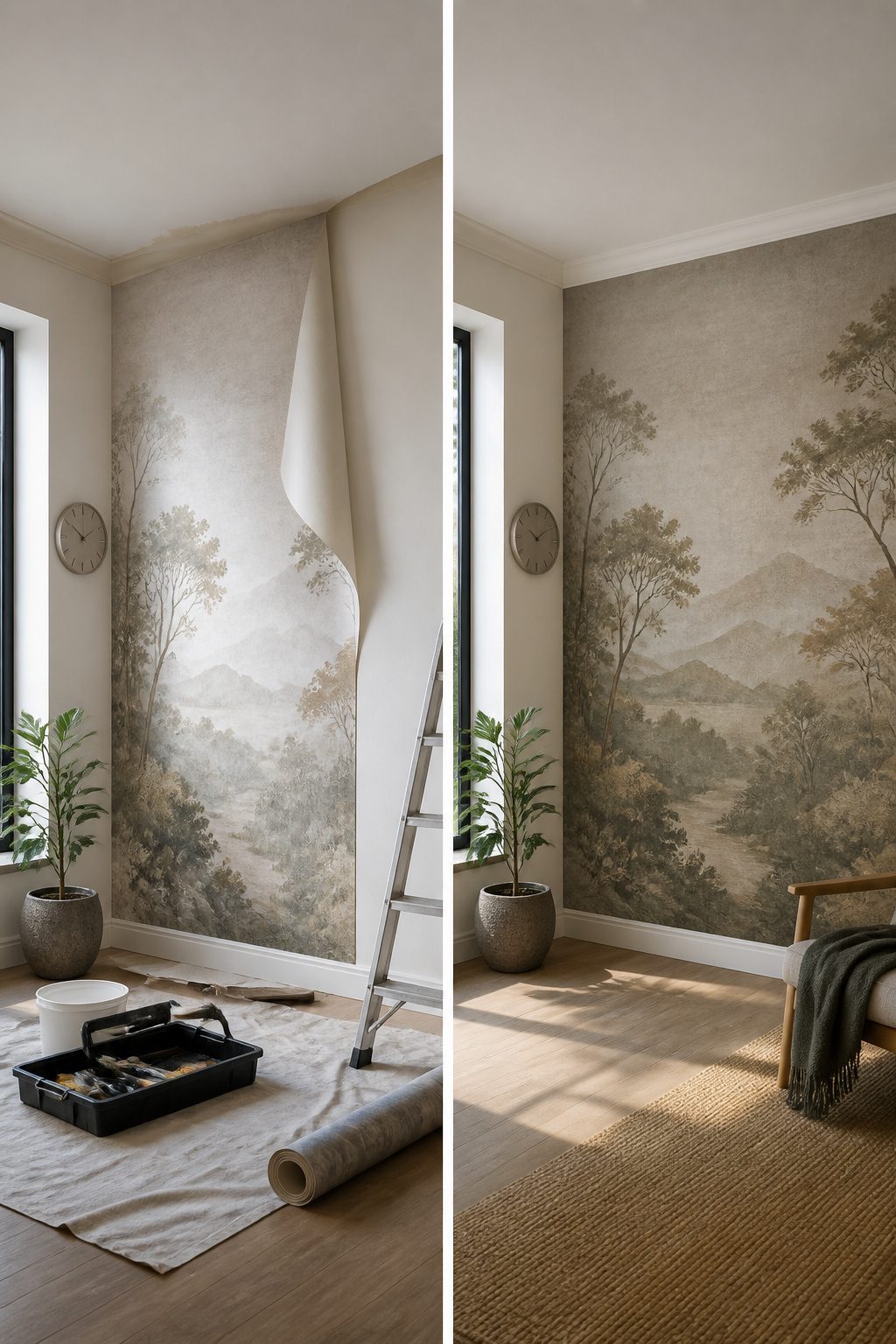 A photo demonstrating the application process for paste-the-wall murals.