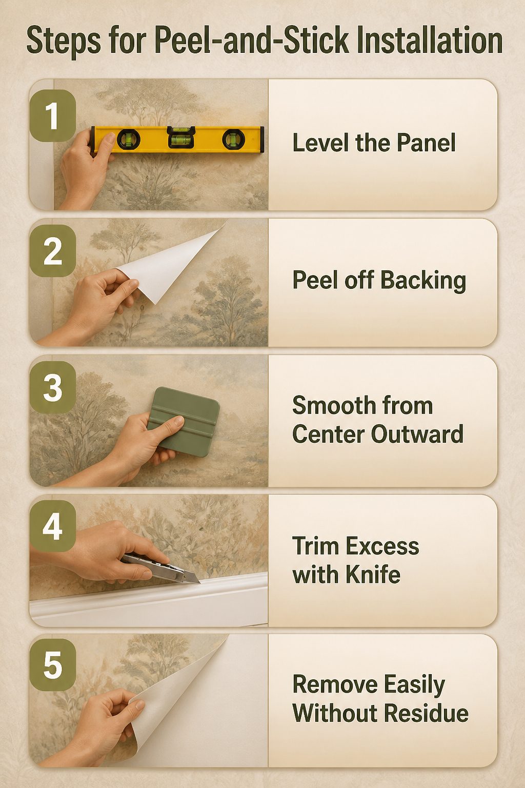 Tools needed for peel-and-stick installation of wallpaper murals displayed.
