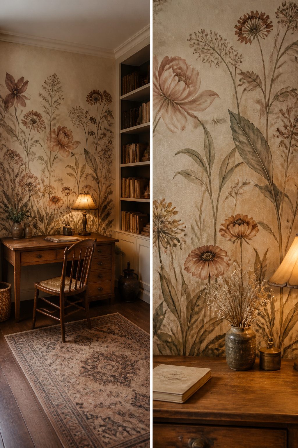 A vintage mural showcasing sepia-toned woodland scenery on a wall.