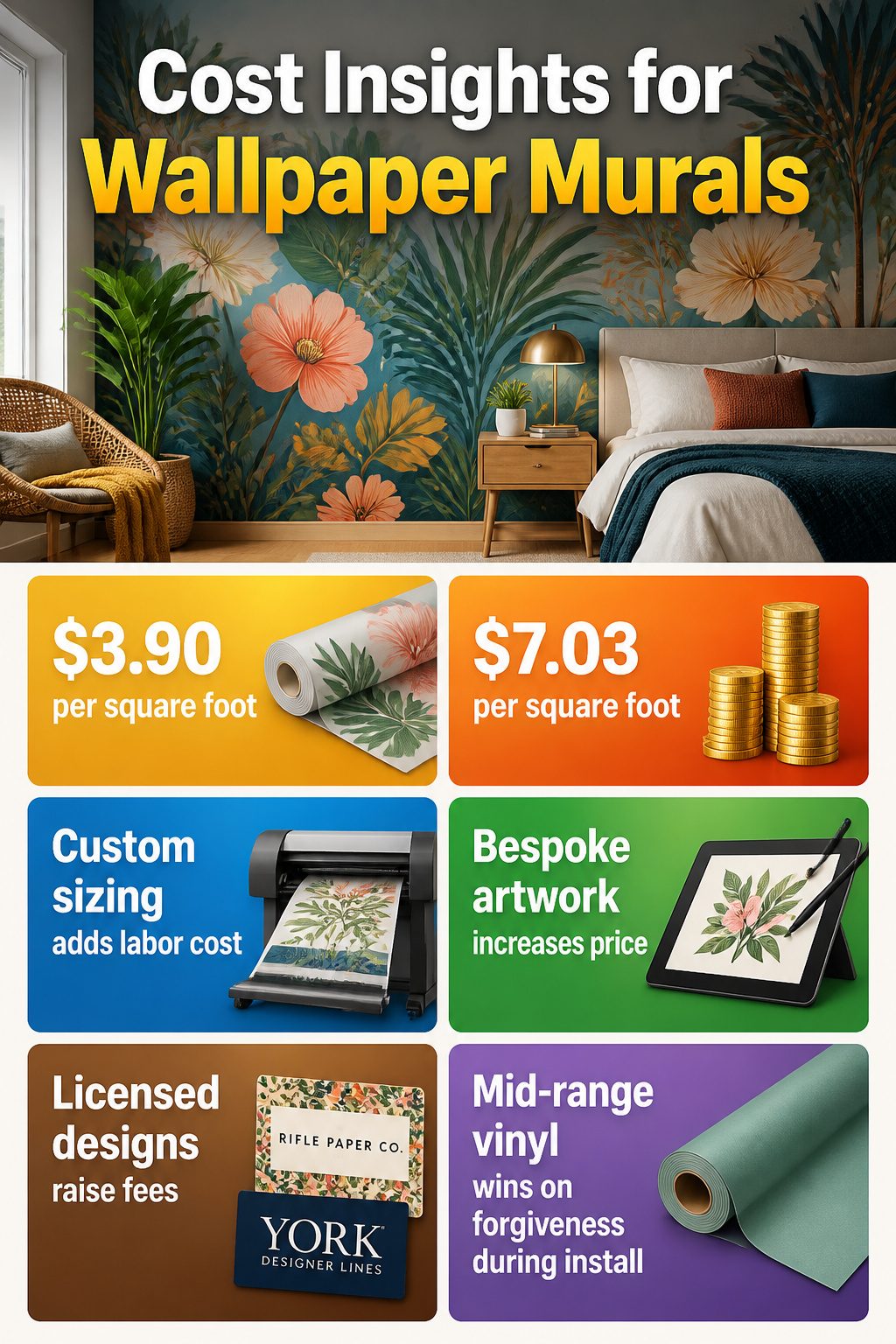 A graphic illustrating cost insights for wallpaper murals.
