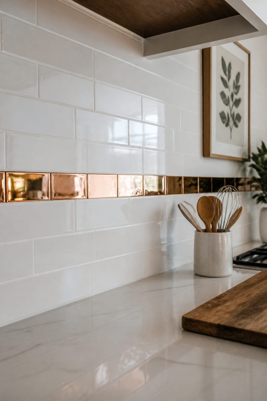 Polished copper strips between white field tiles in a kitchen.