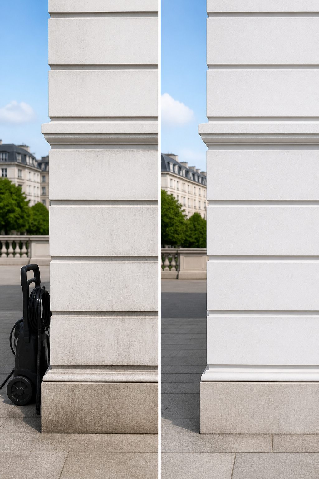 A white facade showing signs of dirt and pollution.