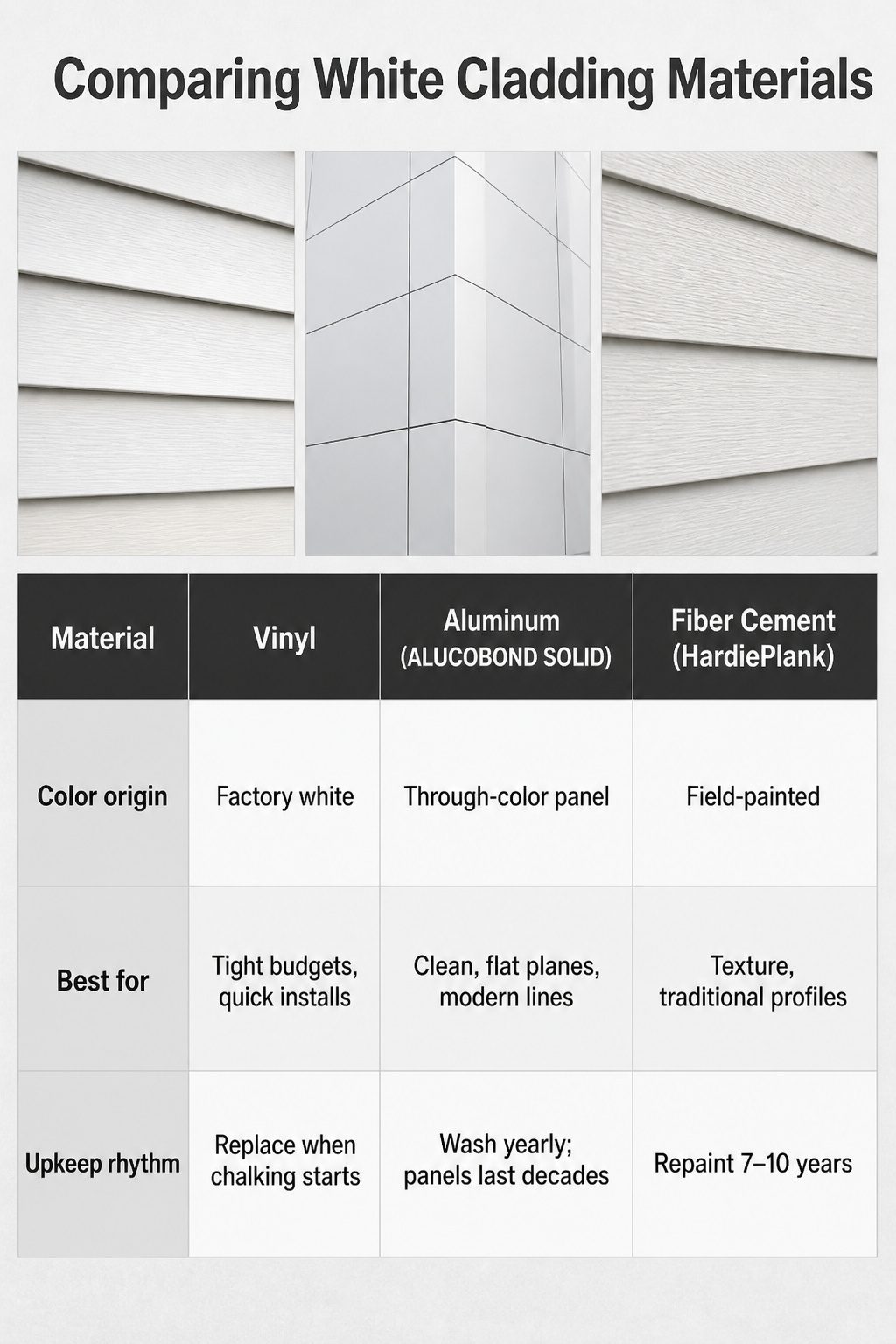 An infographic comparing different white cladding materials.