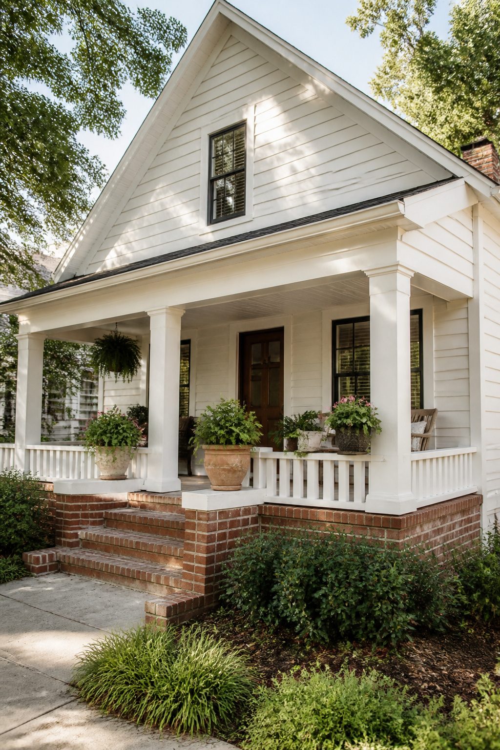 House in Behr Swiss Coffee with red brick foundation and potted plants.