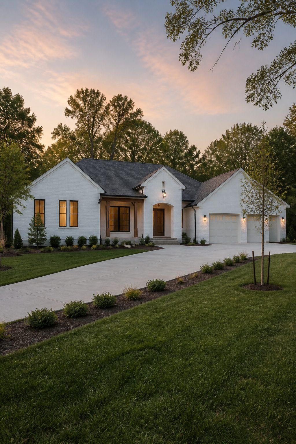 Ranch-style house in Benjamin Moore Chantilly Lace with a natural wood porch.