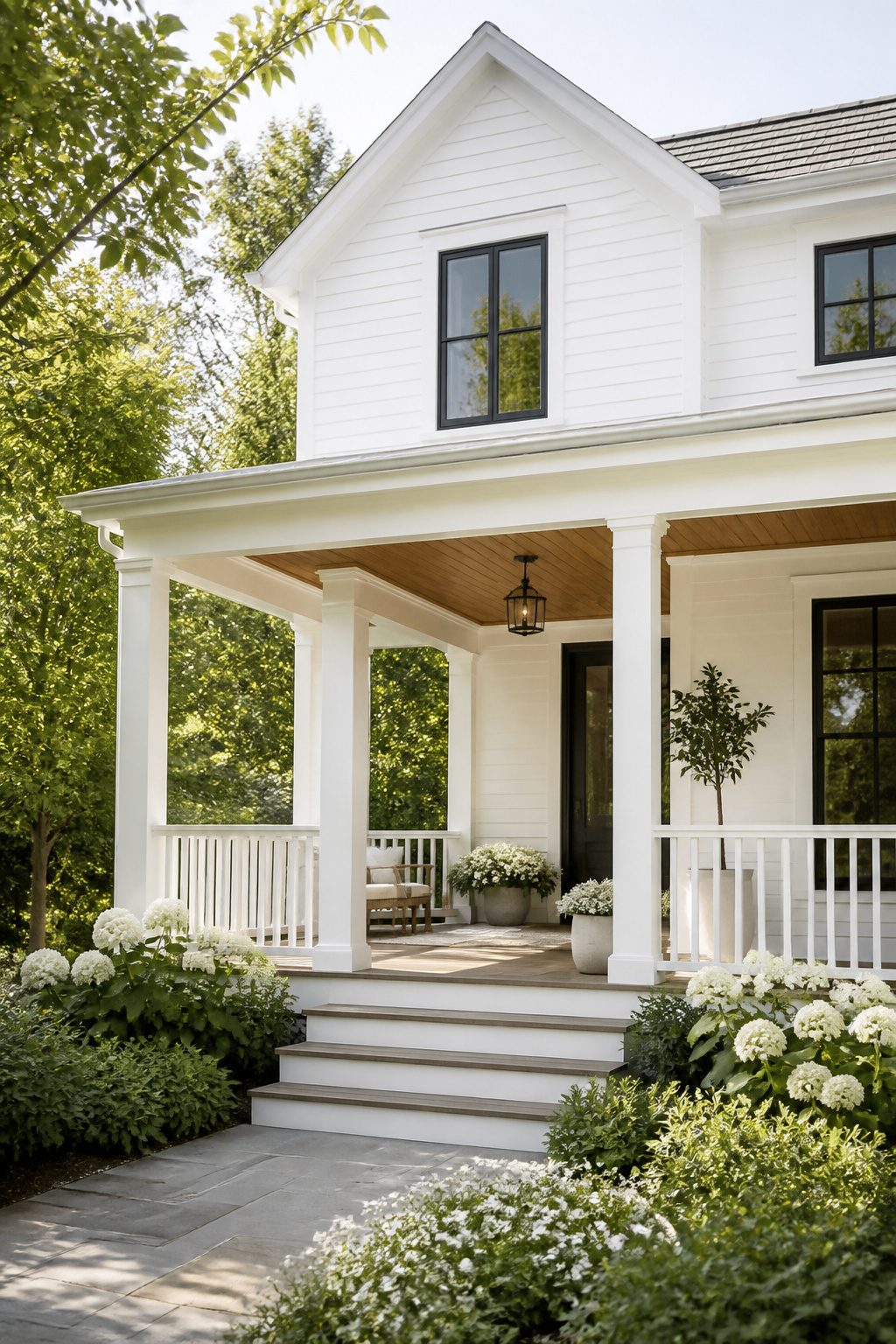 House in Benjamin Moore Simply White with a porch ceiling and greenery.