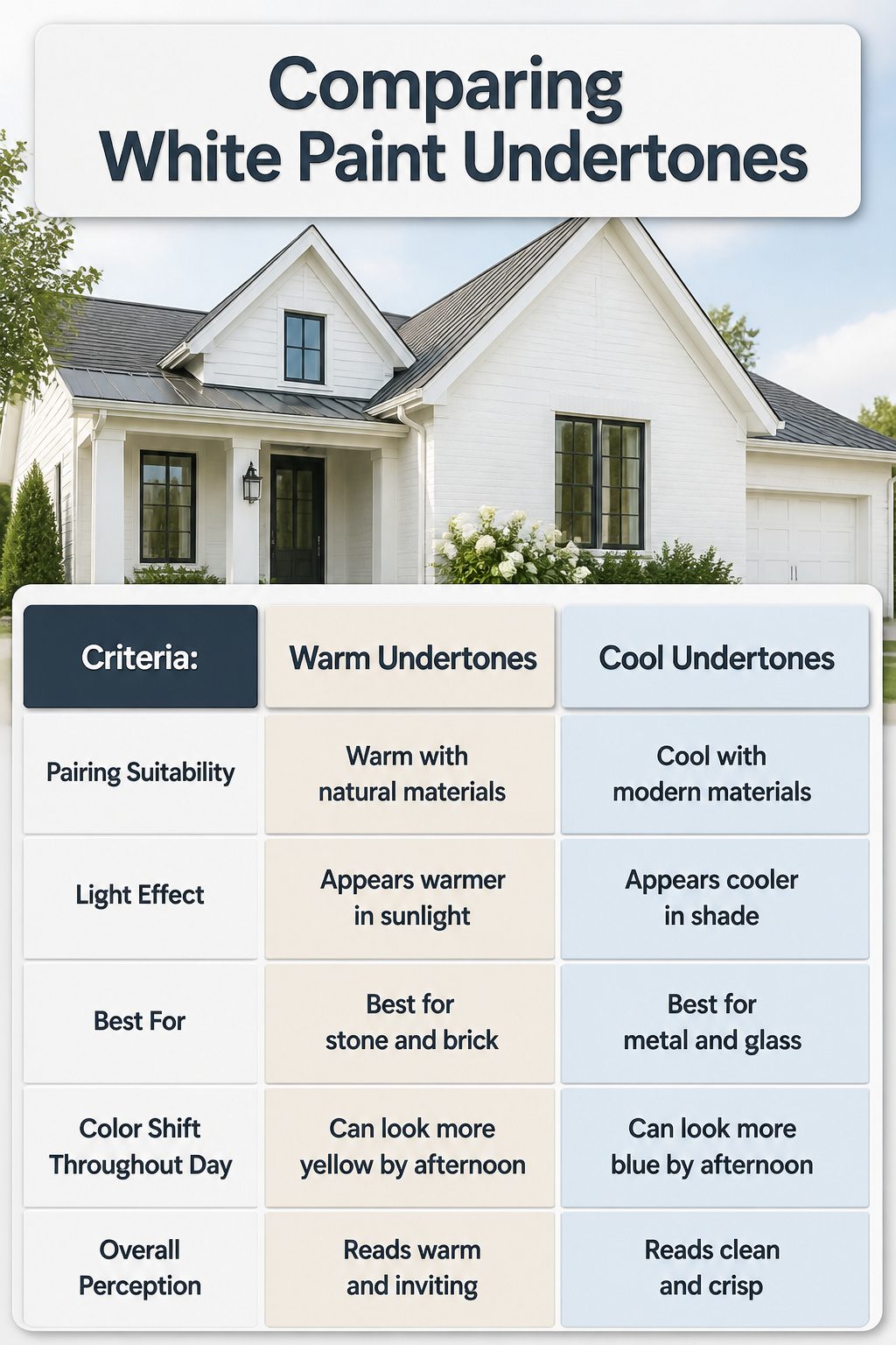 Comparative chart of white paint undertones for house exteriors.