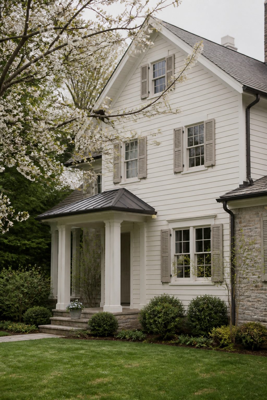 House in Farrow & Ball Wimborne White with shutters and natural stone accents.