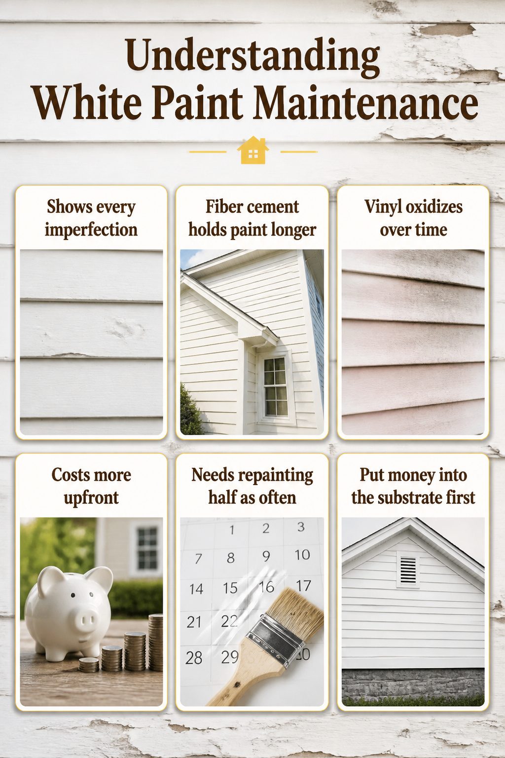 Illustration explaining the maintenance of white paint on exterior siding.