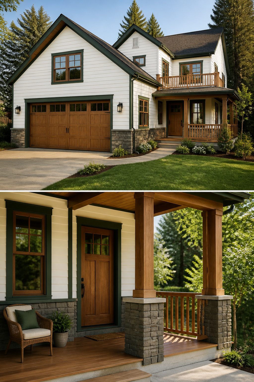 White-sided house with wood and stone elements for visual interest.