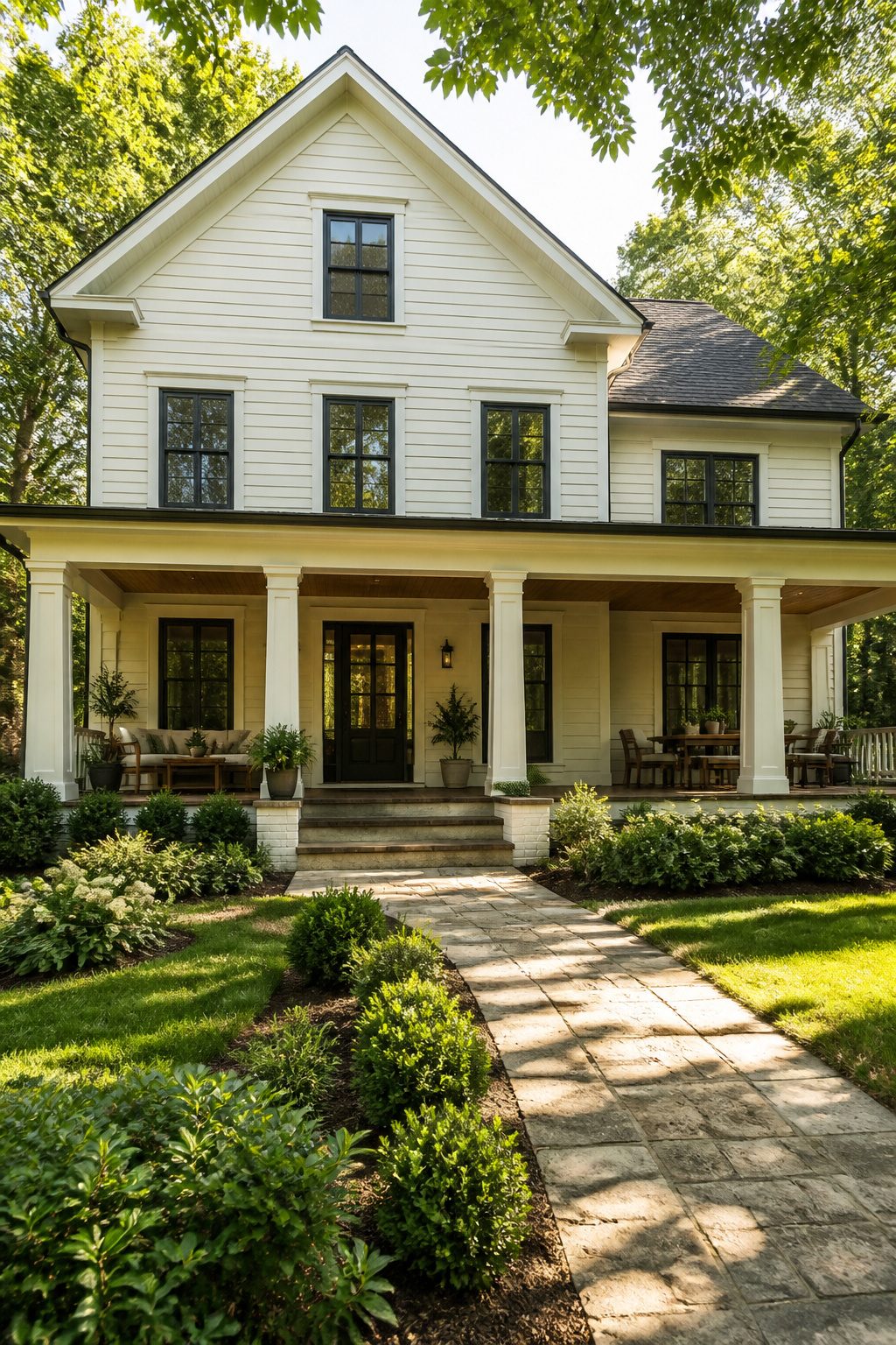Farmhouse-style house in Sherwin Williams Alabaster with charcoal trim and greenery.