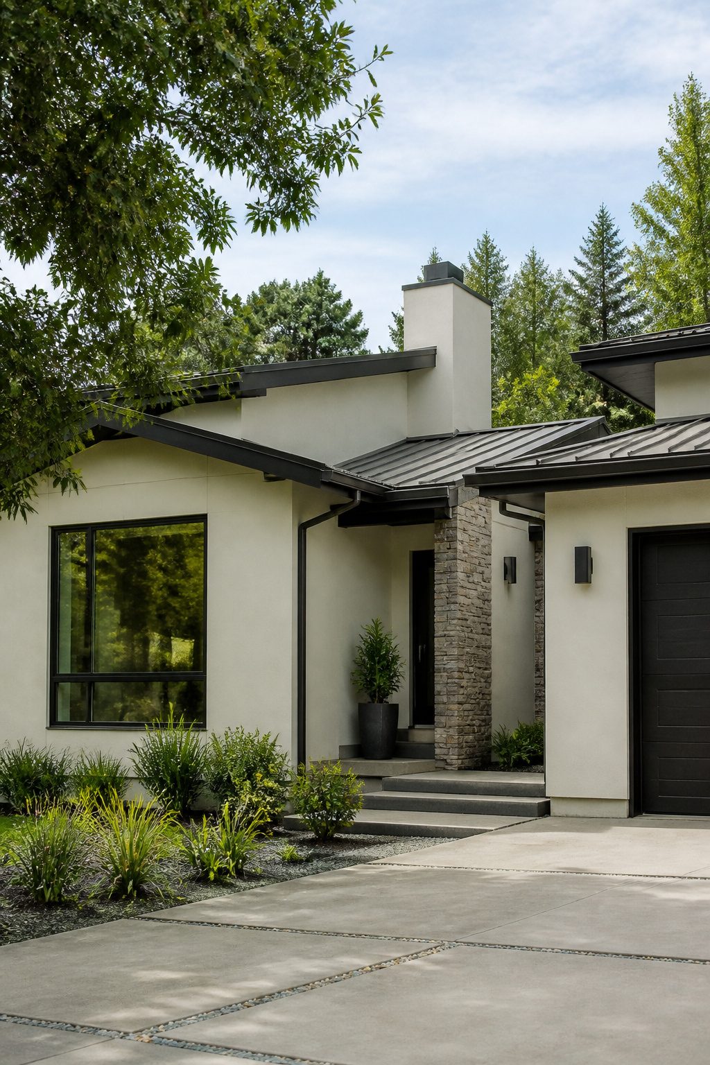Modern house in Sherwin Williams Eider White with wooden and stone elements.