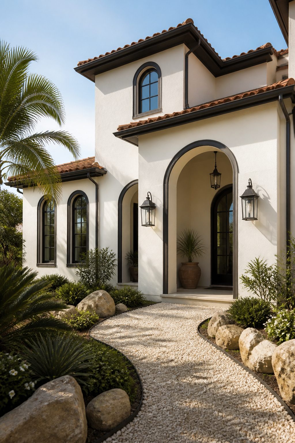 Mediterranean house in Sherwin Williams Greek Villa with clay roof tiles.