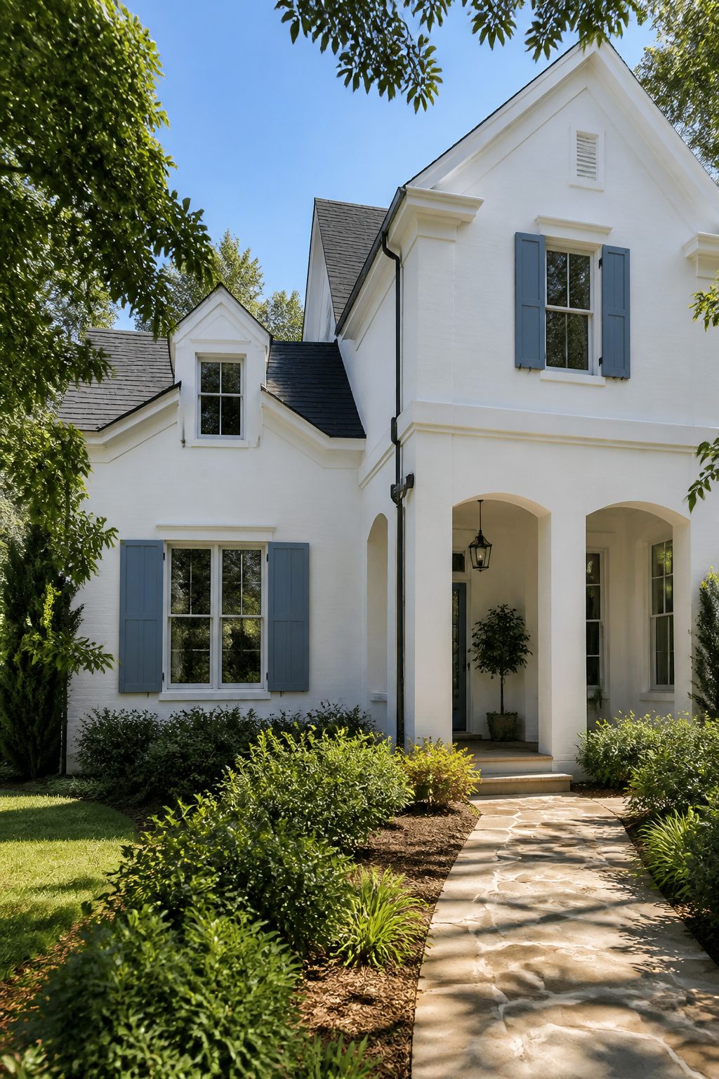 Modern transitional house painted in Sherwin Williams Pure White with blue shutters.