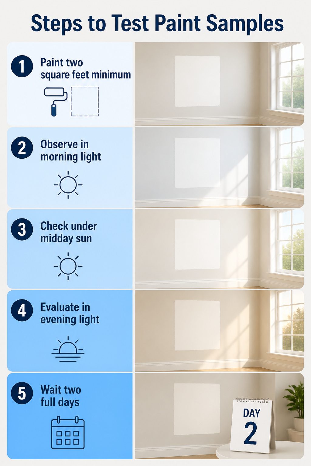Visual guide on how to test paint samples for accurate color matching.