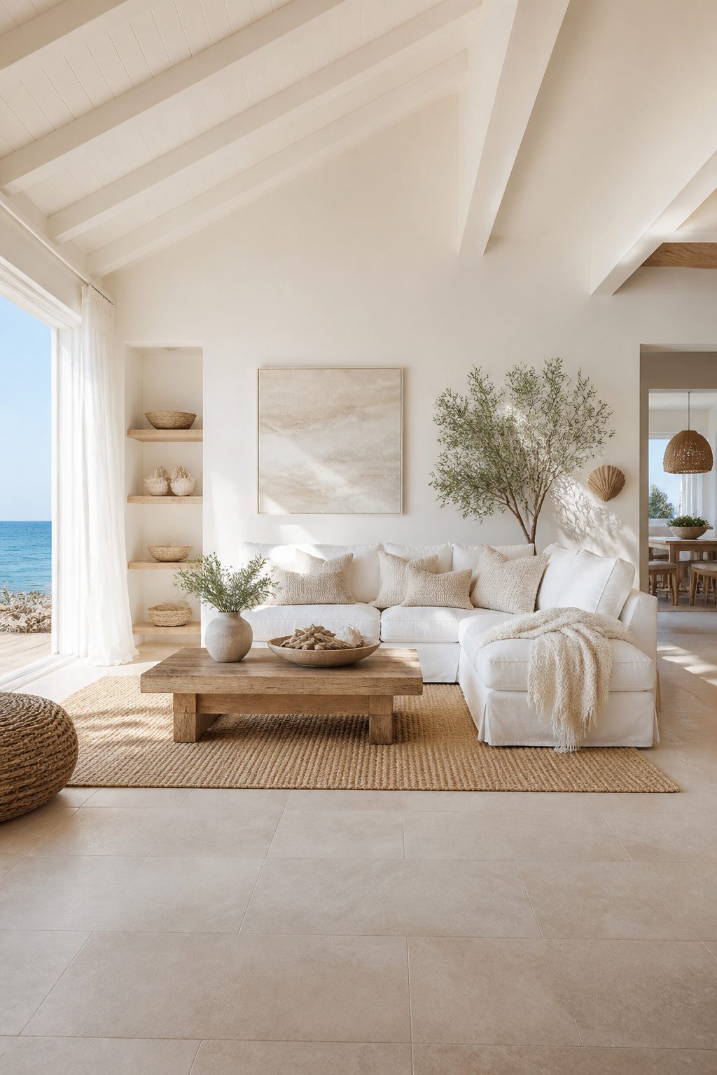 A white sofa in a light-filled, coastal-inspired living area.
