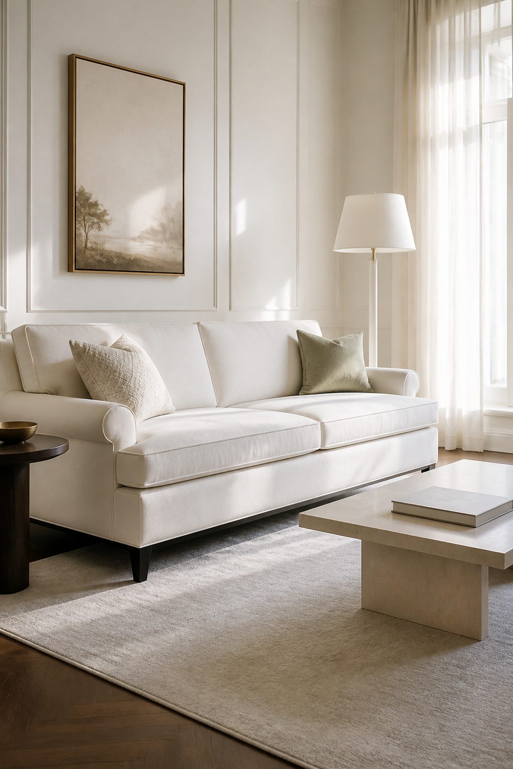 A classic white sofa with a tight silhouette and elegant fabric.