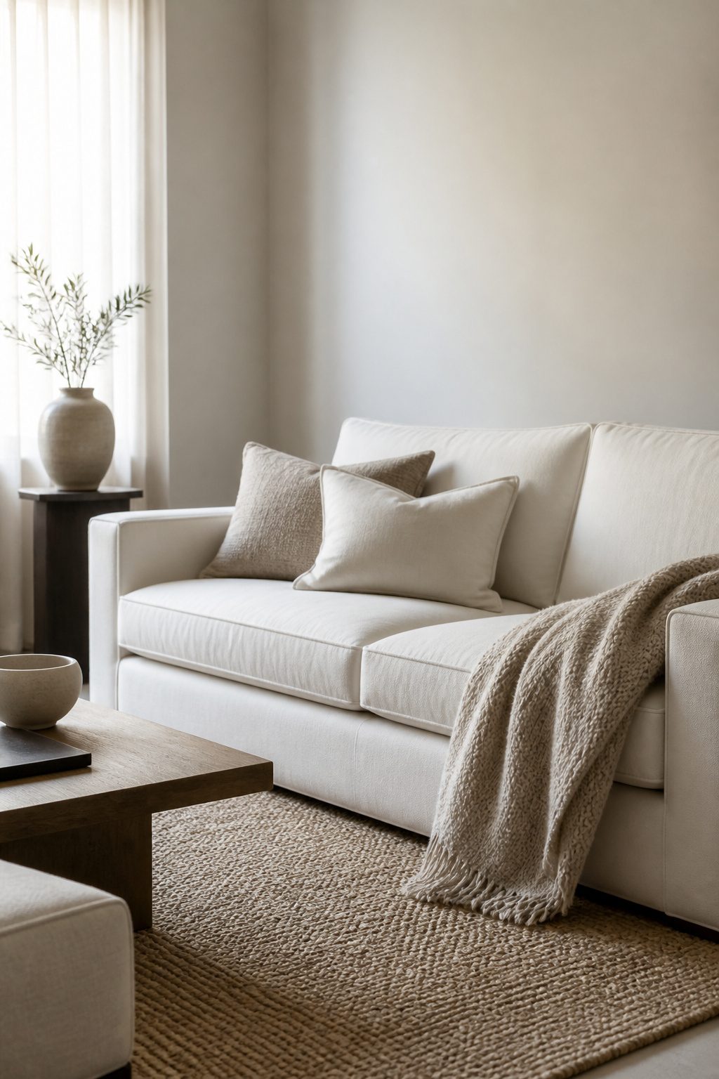 A white sofa with solid throws and pillows in a softly lit room.