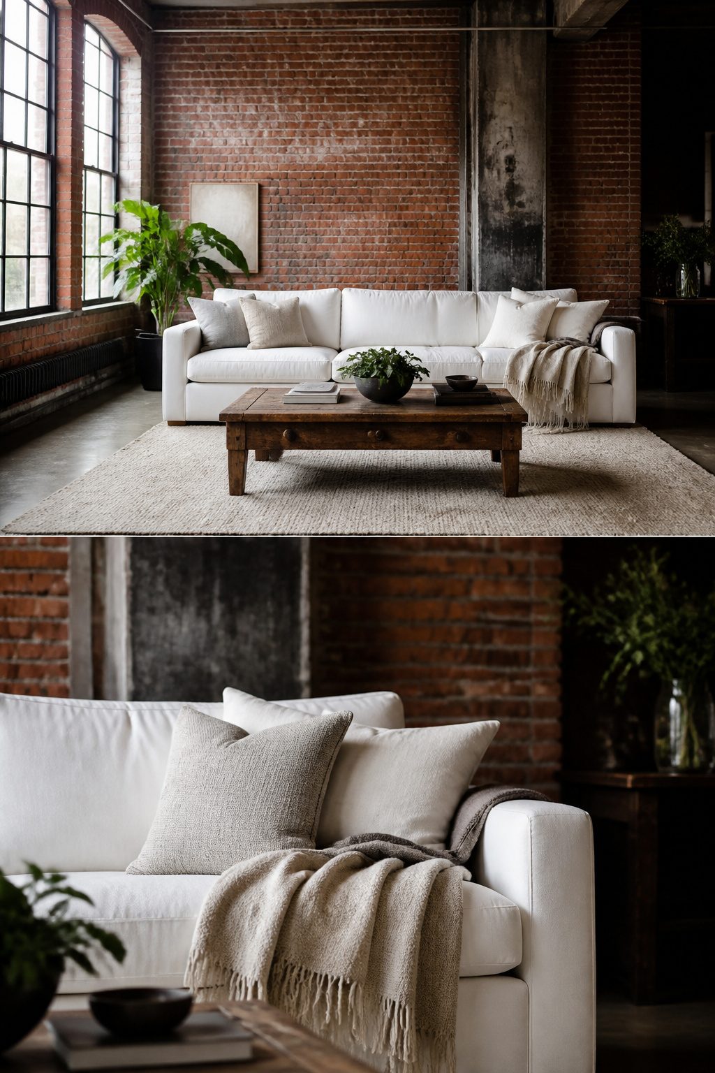 A white sofa paired with exposed brick in a loft-style room.