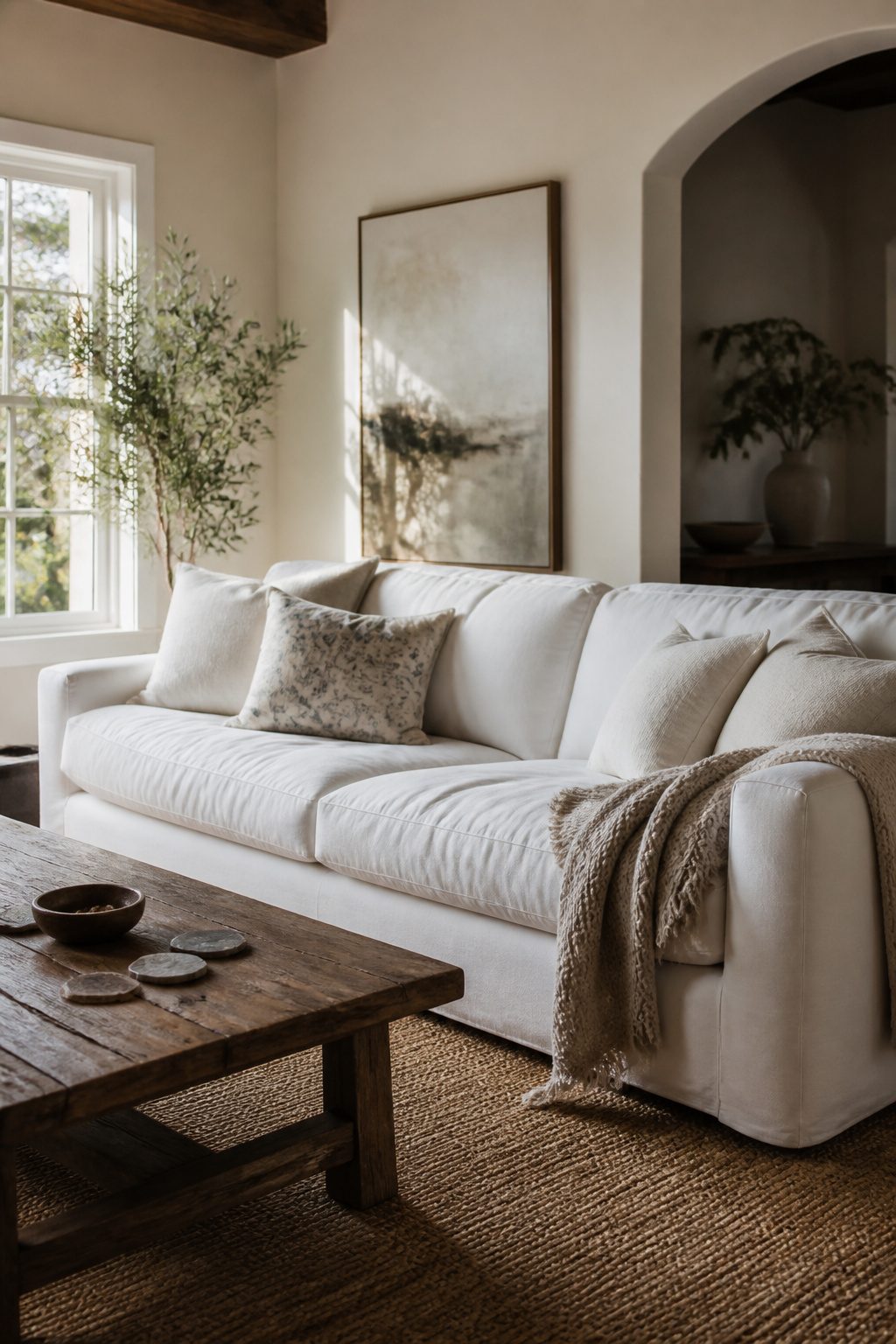 A generous white sofa with plush cushions in a cozy living space.
